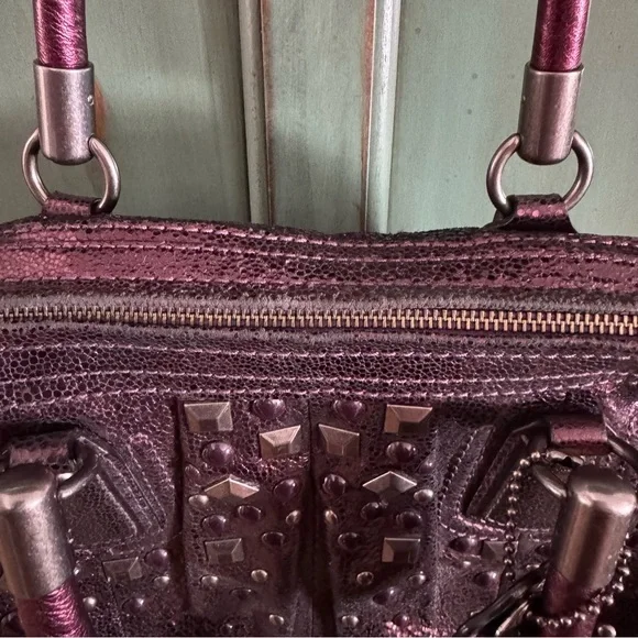 💜 ✨ COACH Kristen Satchel Metallic Purple Studded Handbag - Picture 7 of 10